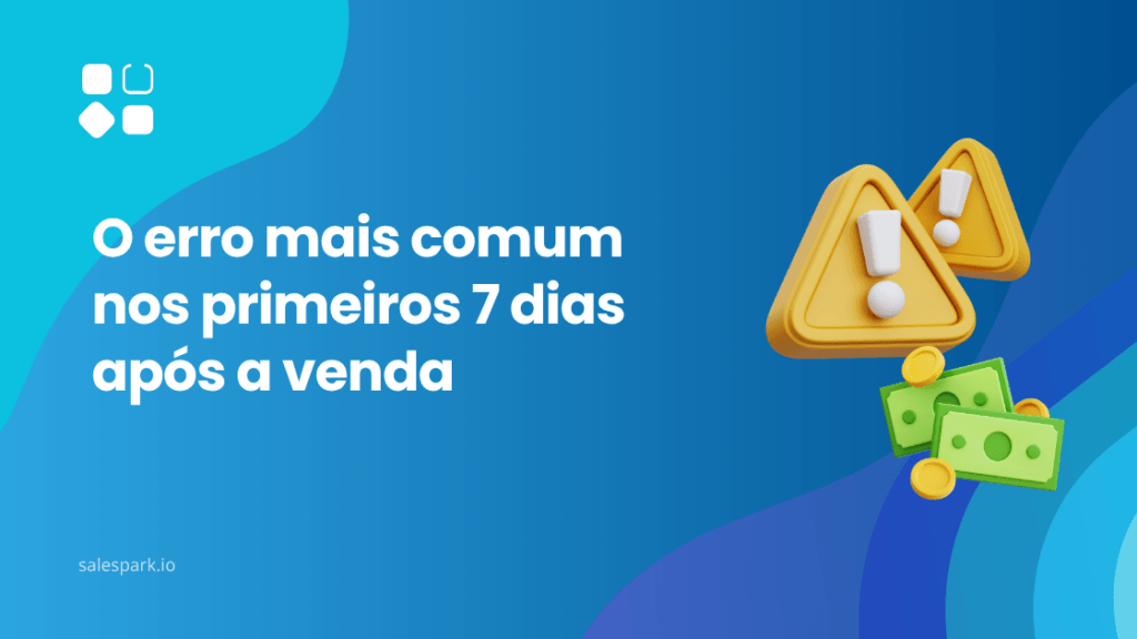 Imagem com triângulos de aviso amarelos e notas de dinheiro representando o erro mais comum nos primeiros 7 dias após a venda de um produto digital